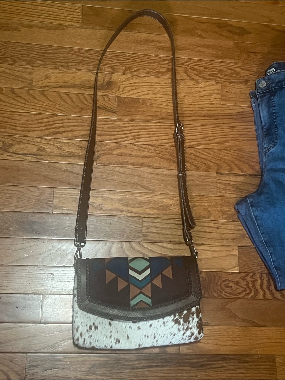 Shyanne Brown Leather & Haircalf Crossbody with Teal and Tan Accents